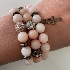 Pink Faceted Agate & Matte w/ Crystal Pave Bead and Life Charms Bracelet